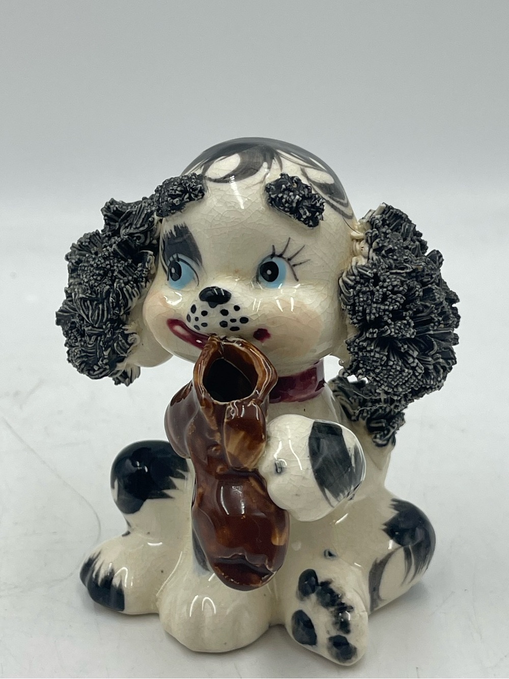 VTG 1950’s Mid Century Ceramic Spaghetti Poodle Puppy Chewing On Shoe Figurine